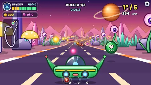 La nave de Spyddy corriendo en la Era de Cristal, con un tanque y un platillo volante delante