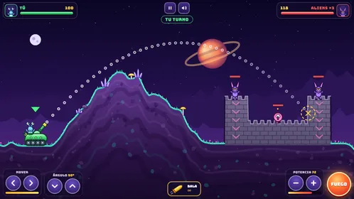 Aiming at a castle full of aliens, with the dotted line