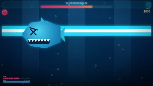 The shark boss fires a laser across the sea