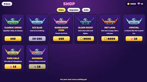 The shop, with skins for the ship