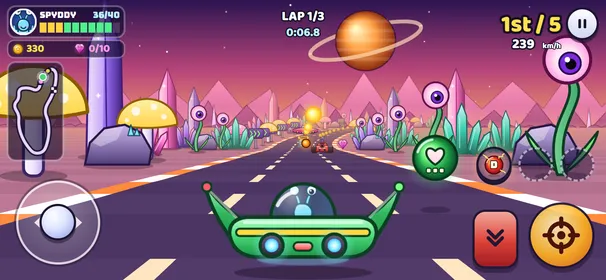 A race on a phone, with the joystick, the brake and the fire button