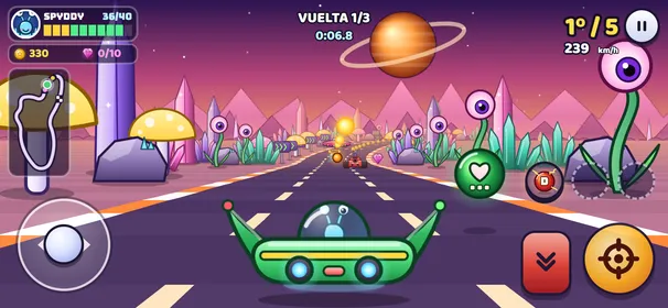 Una carrera en el móvil, con el joystick, el freno y el botón de disparo