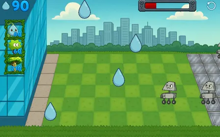 Robots roll across the lawn while water drops fall